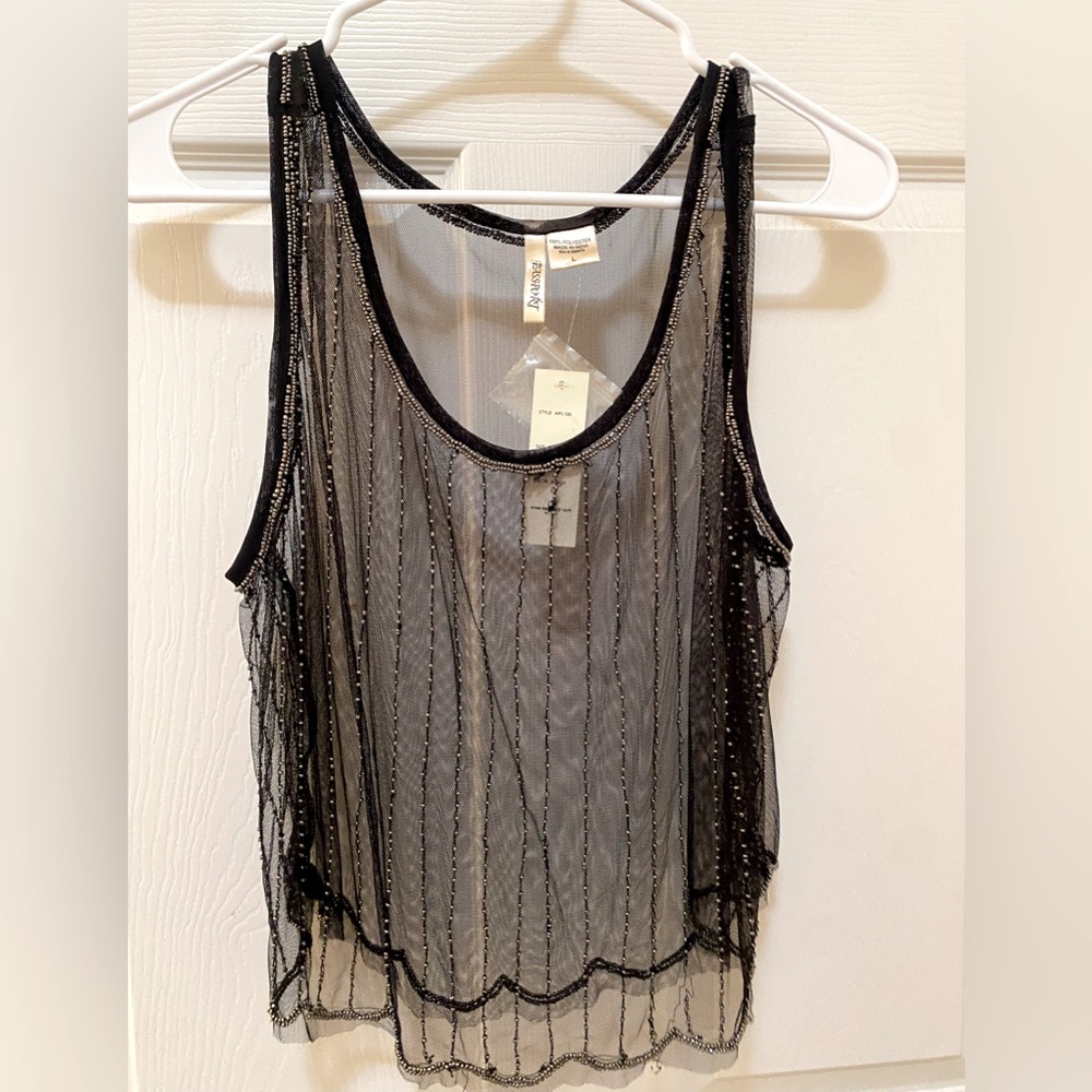 Sexy sheer black tank top (beaded) Size L